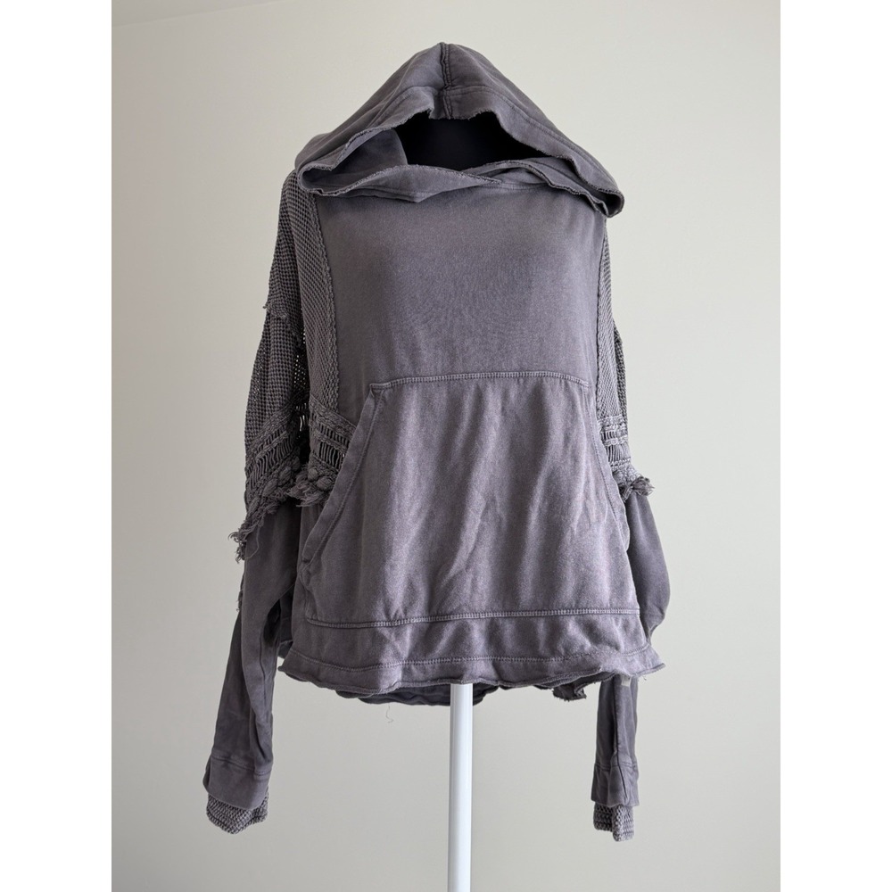 Free People Hoodie M Smoky Mauve Gray Distressed Crochet Mesh Boho Pullover